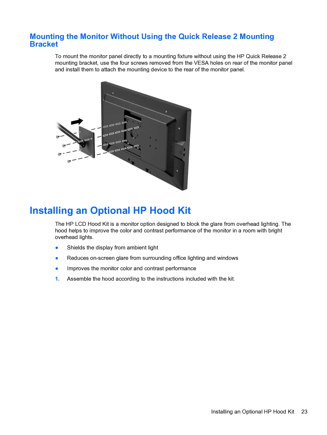 HP DreamColor Z27x Professional Display manual Installing an Optional HP Hood Kit 