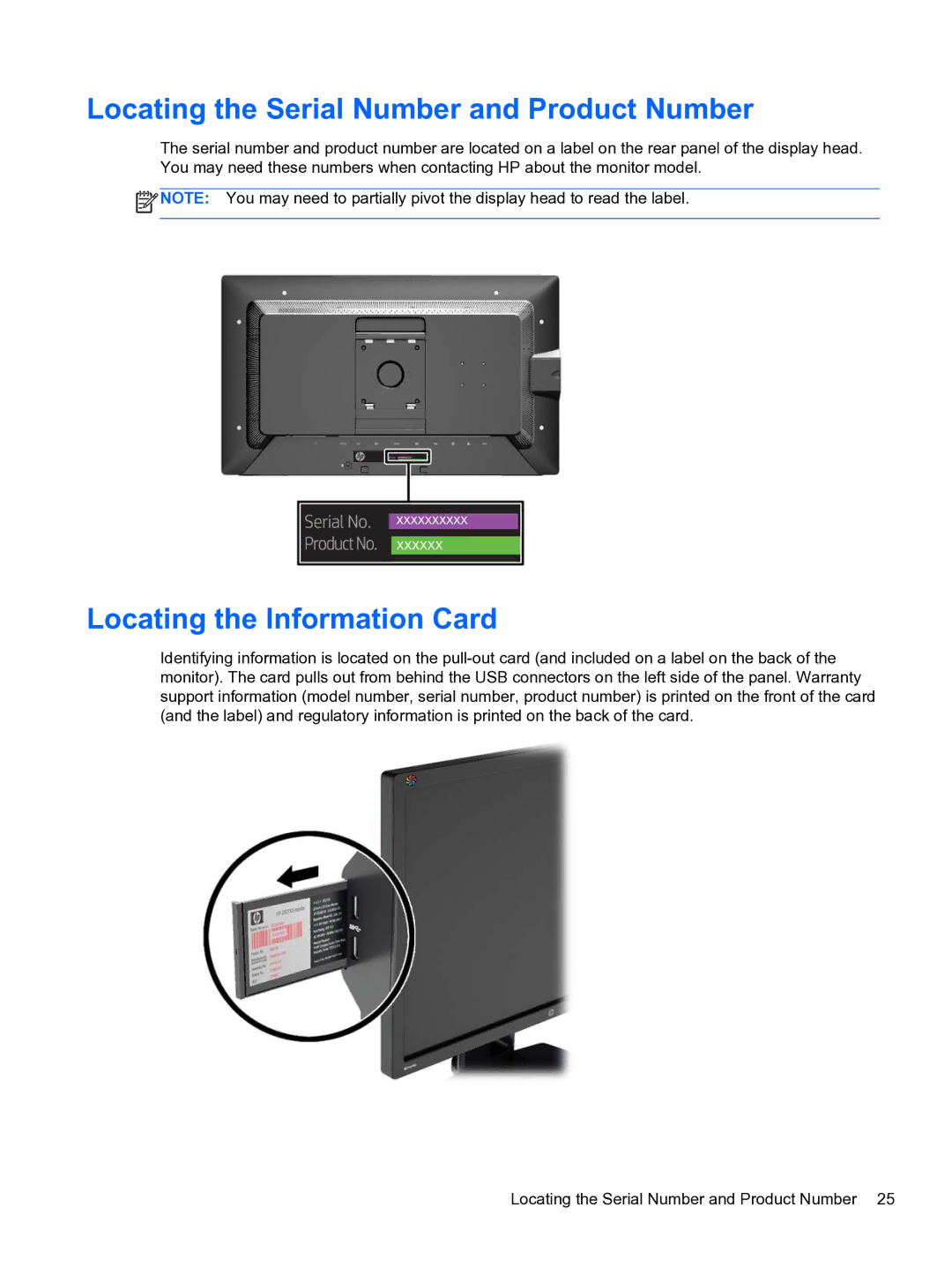 HP DreamColor Z27x Professional Display manual Locating the Serial Number and Product Number, Locating the Information Card 