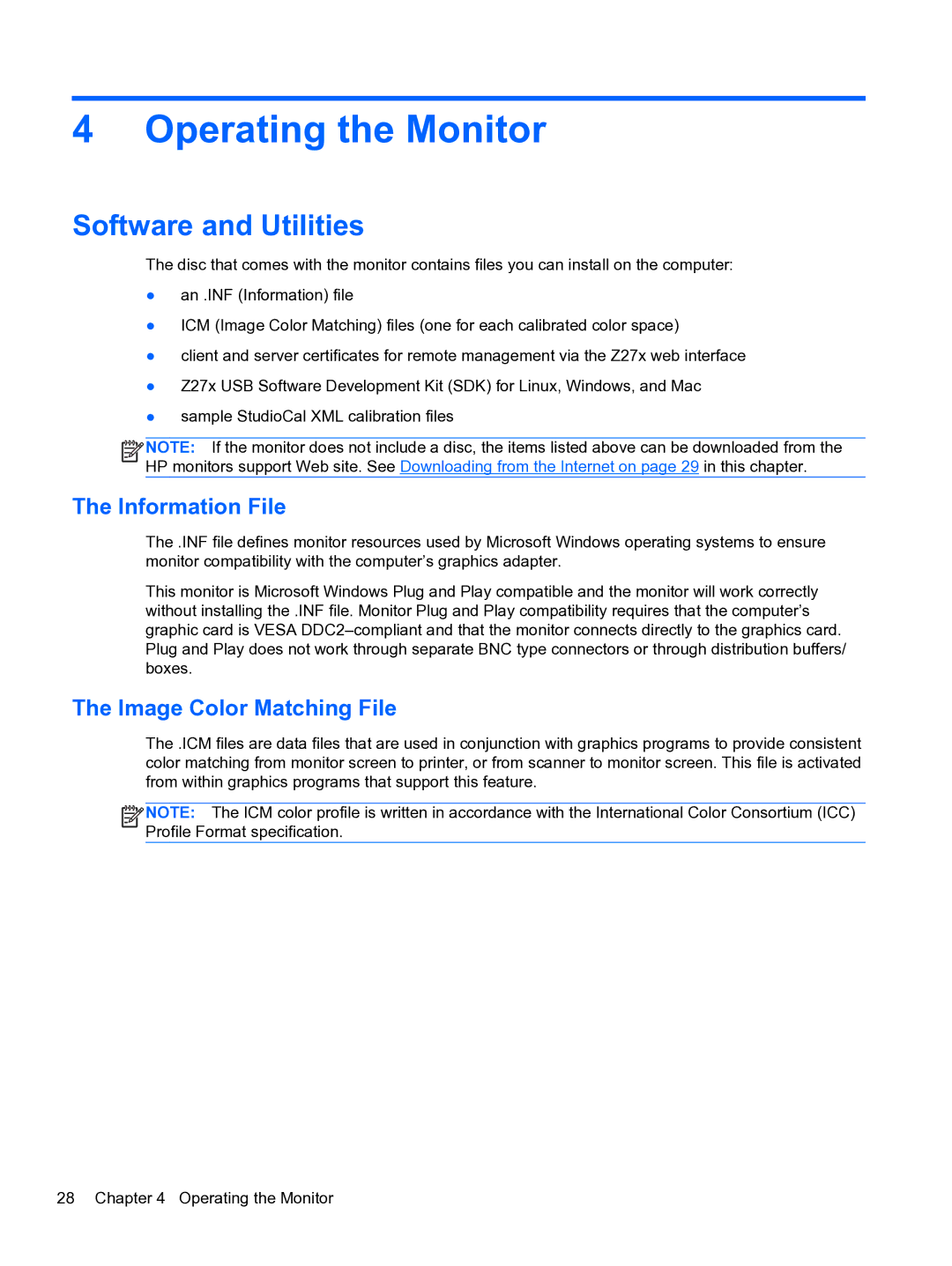 HP DreamColor Z27x Professional Display manual Operating the Monitor, Software and Utilities, Information File 