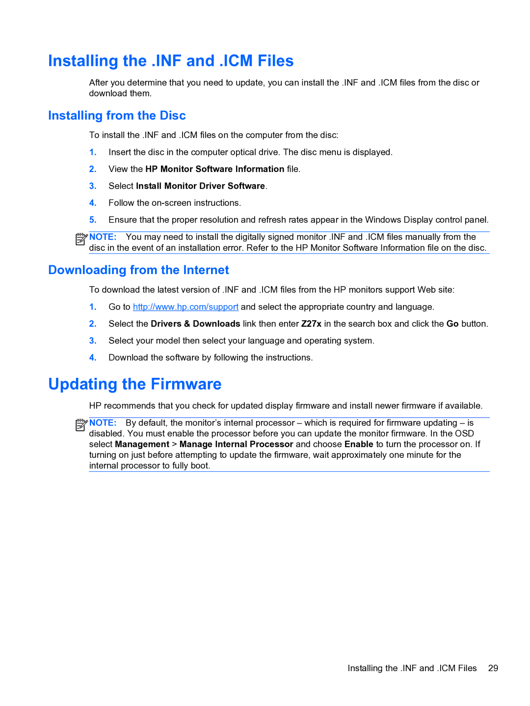 HP DreamColor Z27x Professional Display manual Installing the .INF and .ICM Files, Updating the Firmware 