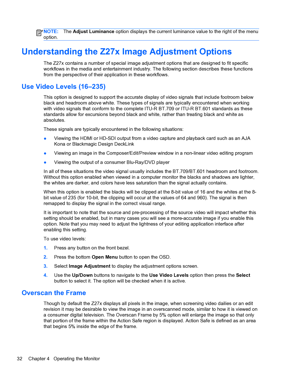 HP DreamColor Z27x Professional Display manual Understanding the Z27x Image Adjustment Options, Use Video Levels 