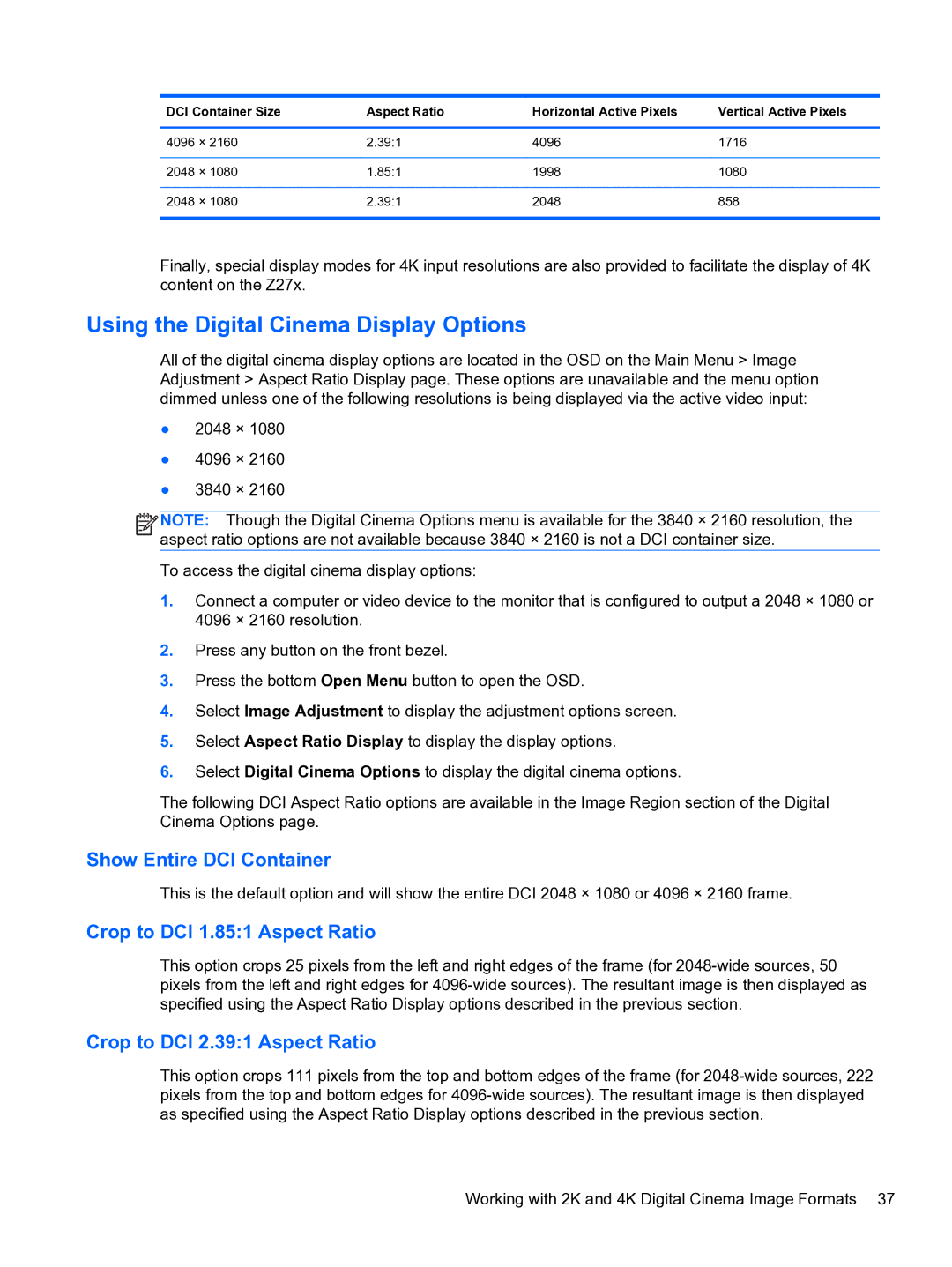 HP DreamColor Z27x Professional Display manual Using the Digital Cinema Display Options, Crop to DCI 1.851 Aspect Ratio 