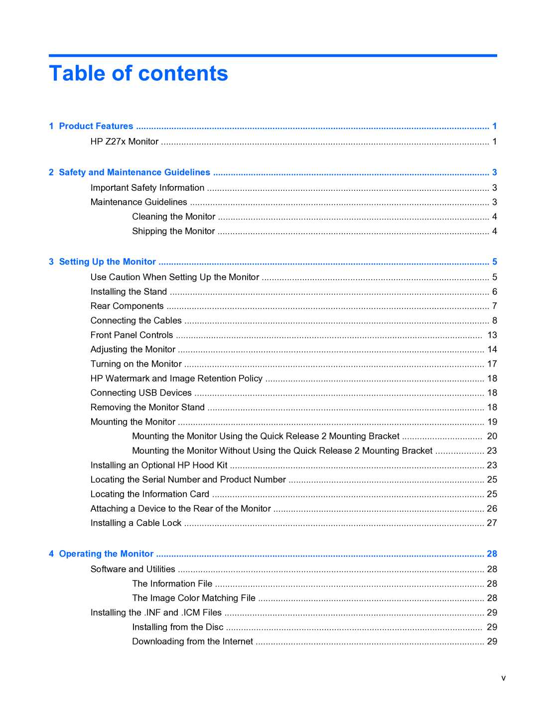 HP DreamColor Z27x Professional Display manual Table of contents 