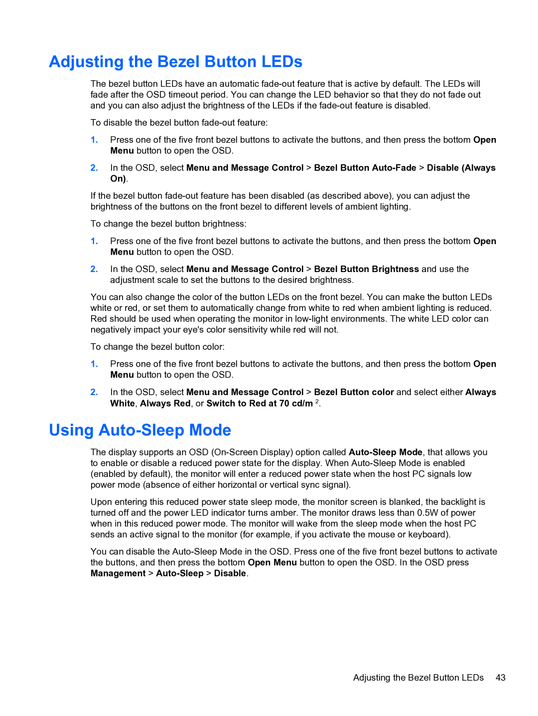 HP DreamColor Z27x Professional Display manual Adjusting the Bezel Button LEDs, Using Auto-Sleep Mode 