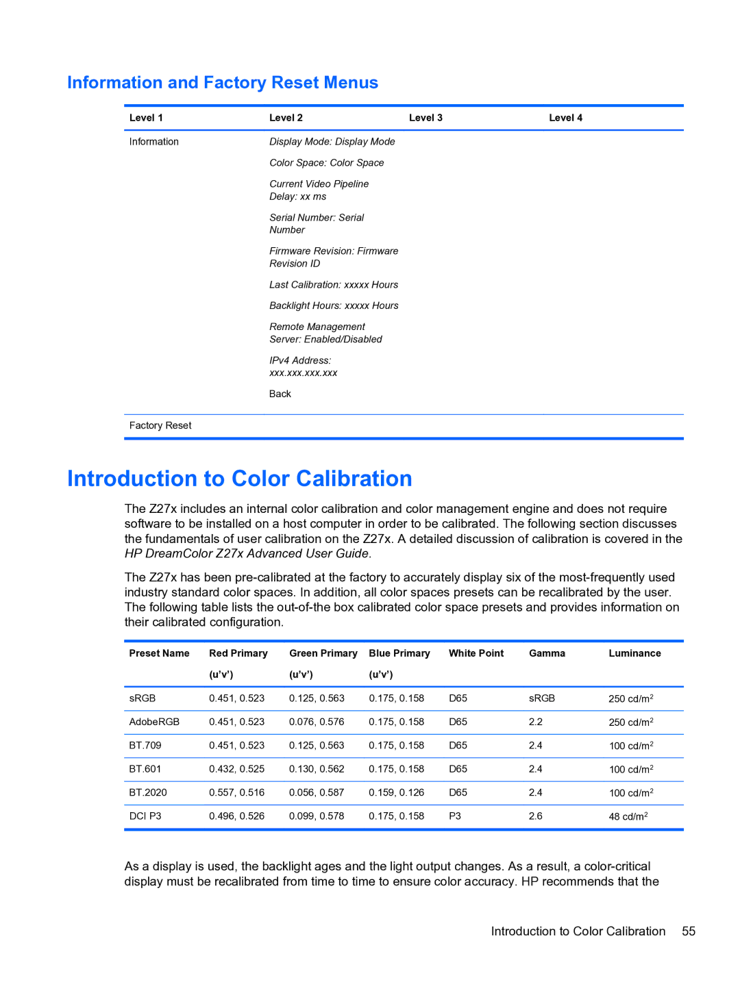 HP DreamColor Z27x Professional Display manual Introduction to Color Calibration, Information and Factory Reset Menus 