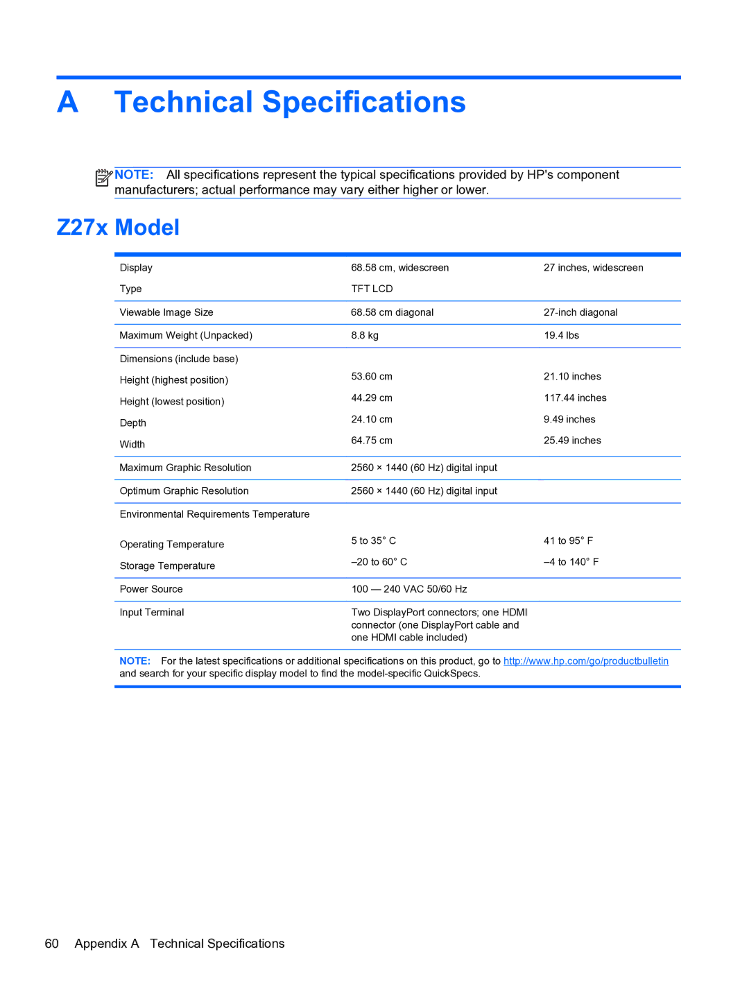 HP DreamColor Z27x Professional Display manual Technical Specifications, Z27x Model 