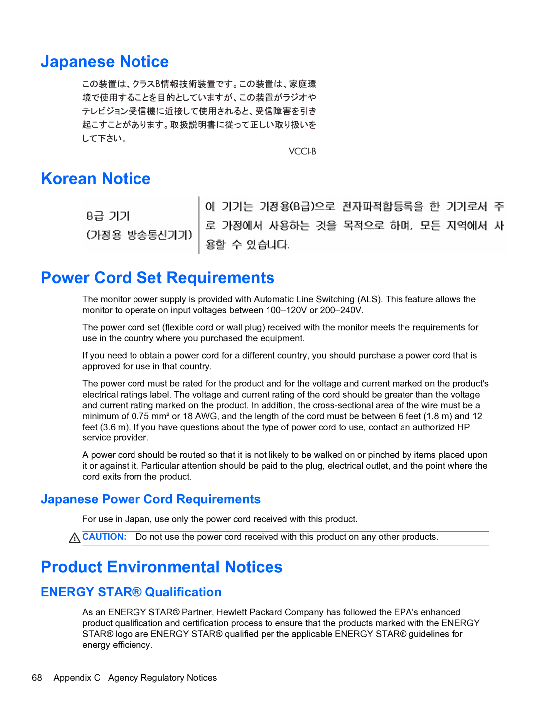 HP DreamColor Z27x Professional Display manual Japanese Notice Korean Notice Power Cord Set Requirements 