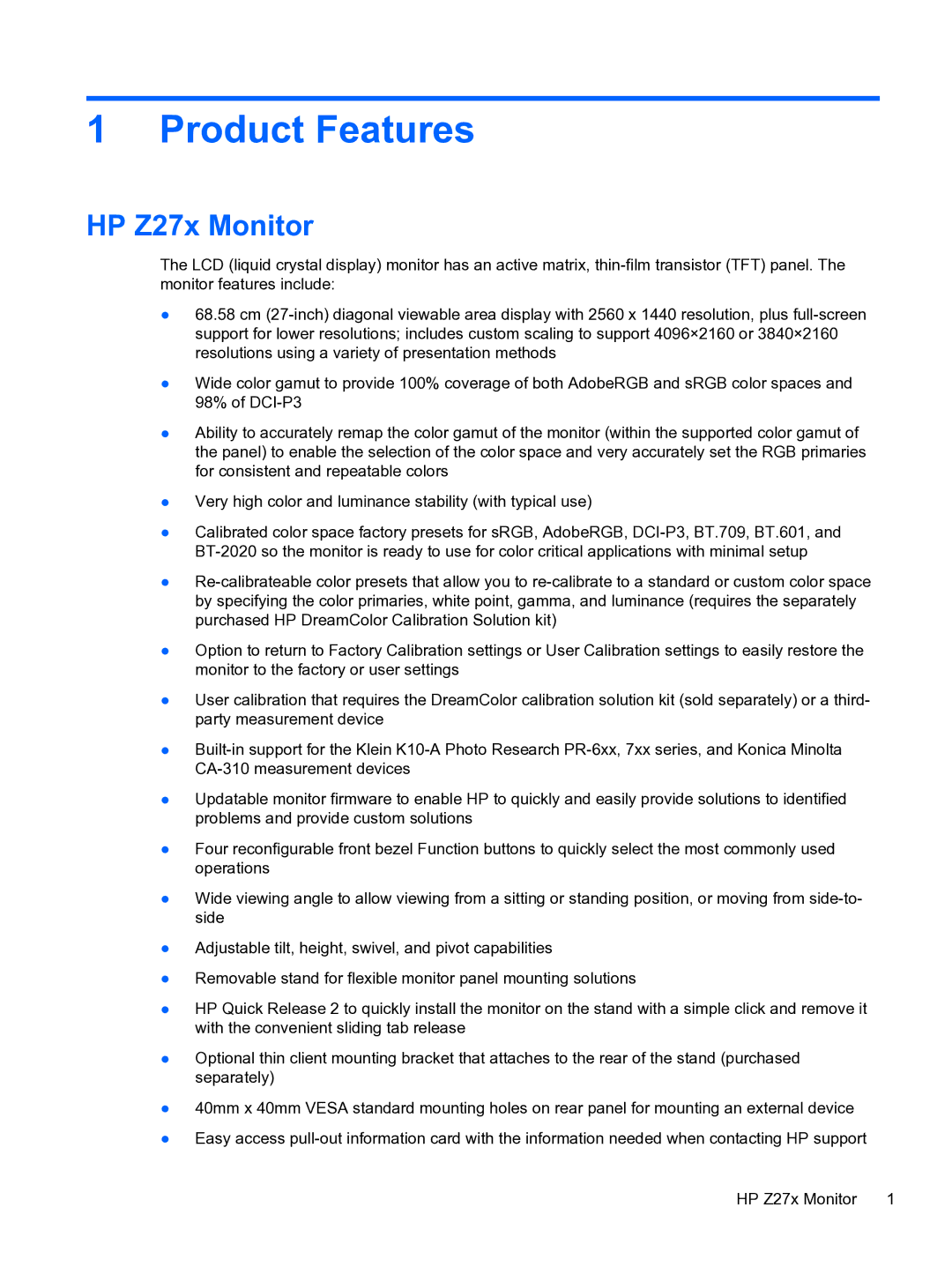 HP DreamColor Z27x Professional Display manual Product Features, HP Z27x Monitor 