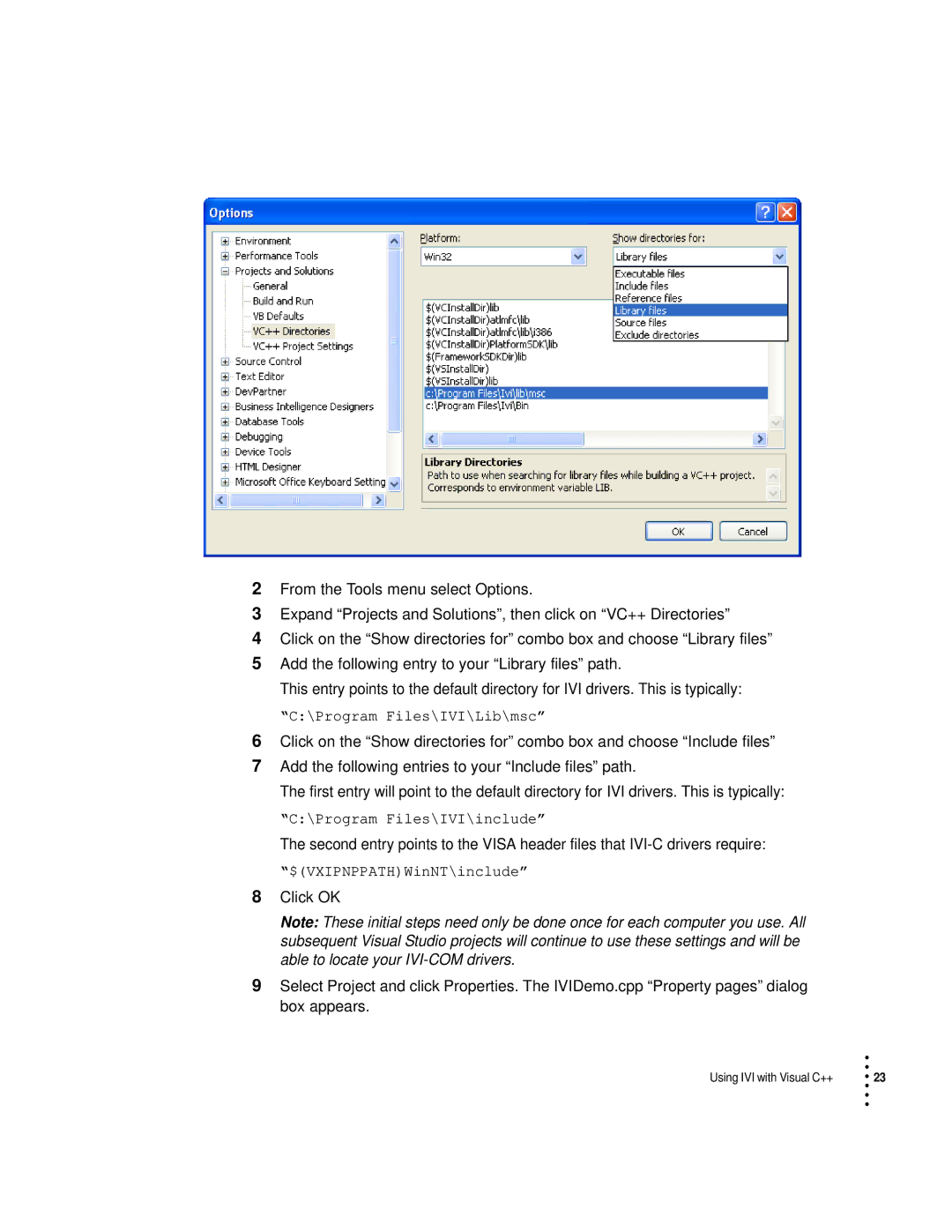 HP Drive manual Program Files\IVI\Lib\msc, Program Files\IVI\include, $VXIPNPPATHWinNT\include 