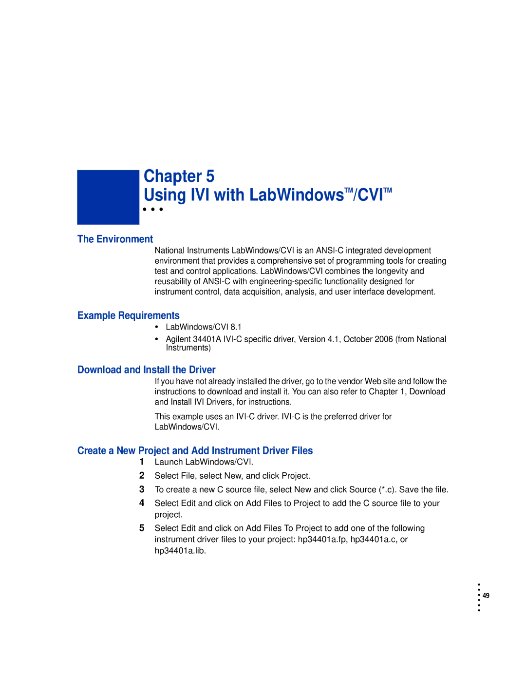 HP manual Chapter Using IVI with LabWindowsTM/CVITM, Create a New Project and Add Instrument Driver Files 