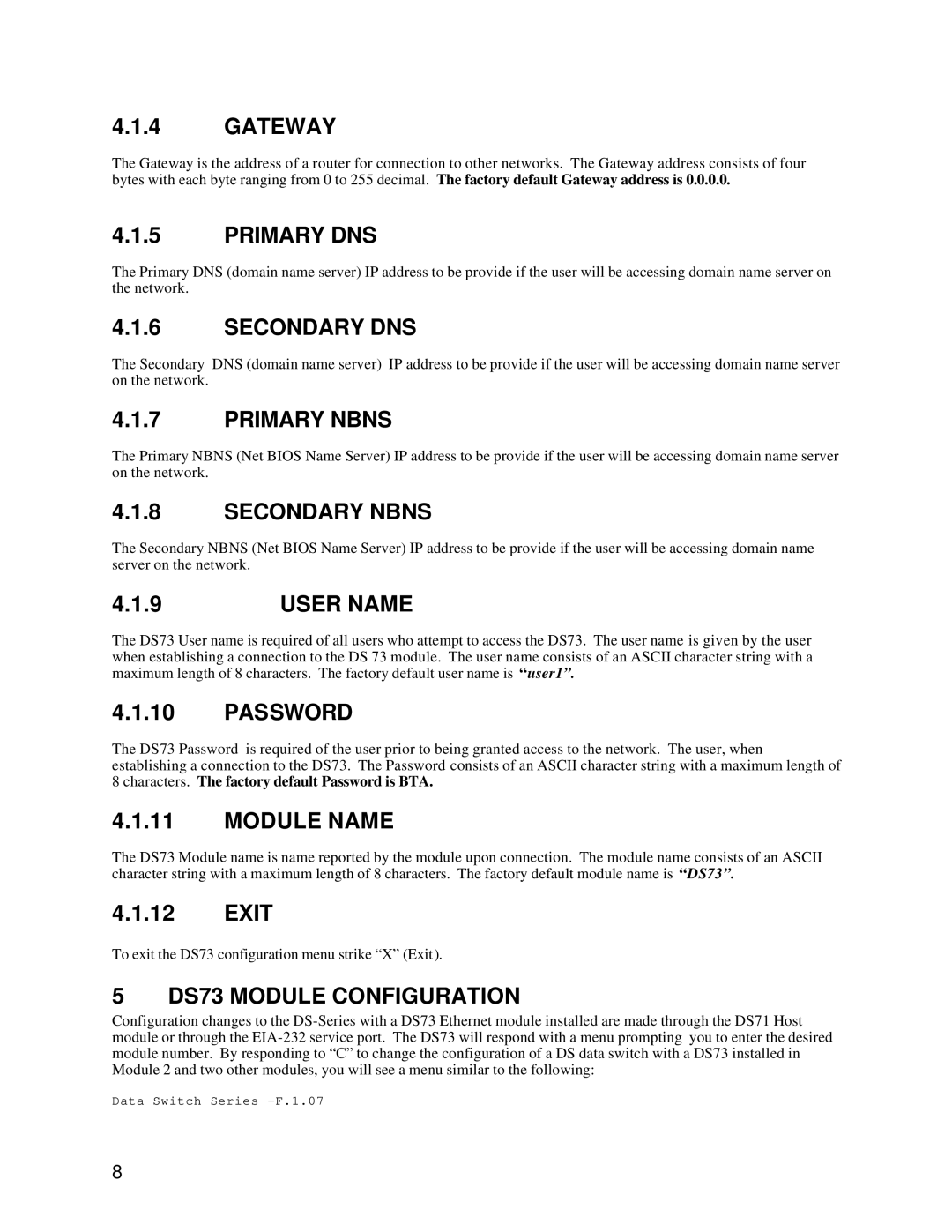 HP DS73TP manual Gateway, Primary DNS, Secondary DNS, Primary Nbns, Secondary Nbns, User Name, Password, Module Name 