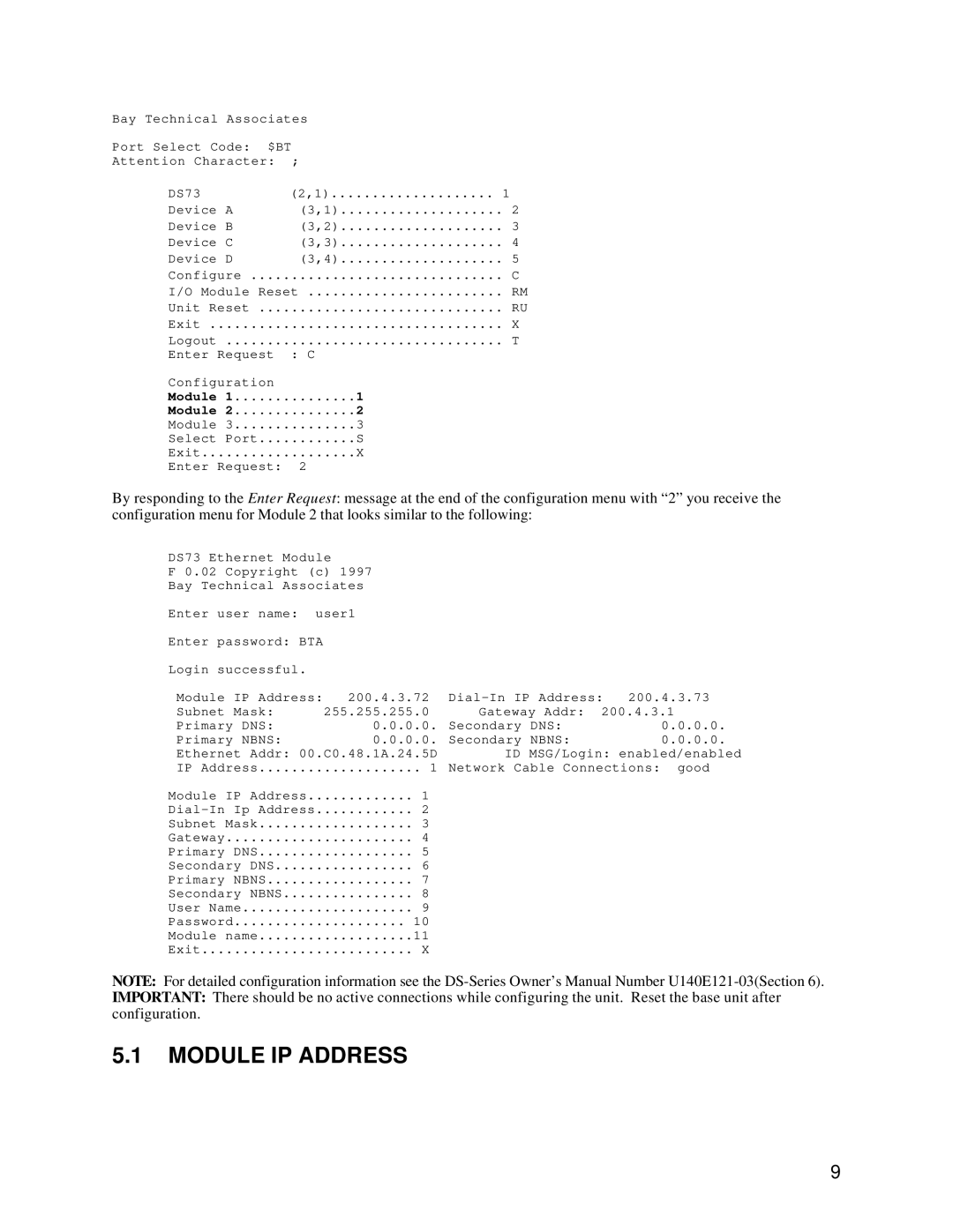 HP DS73TP manual Module IP Address, Network Cable Connections good 