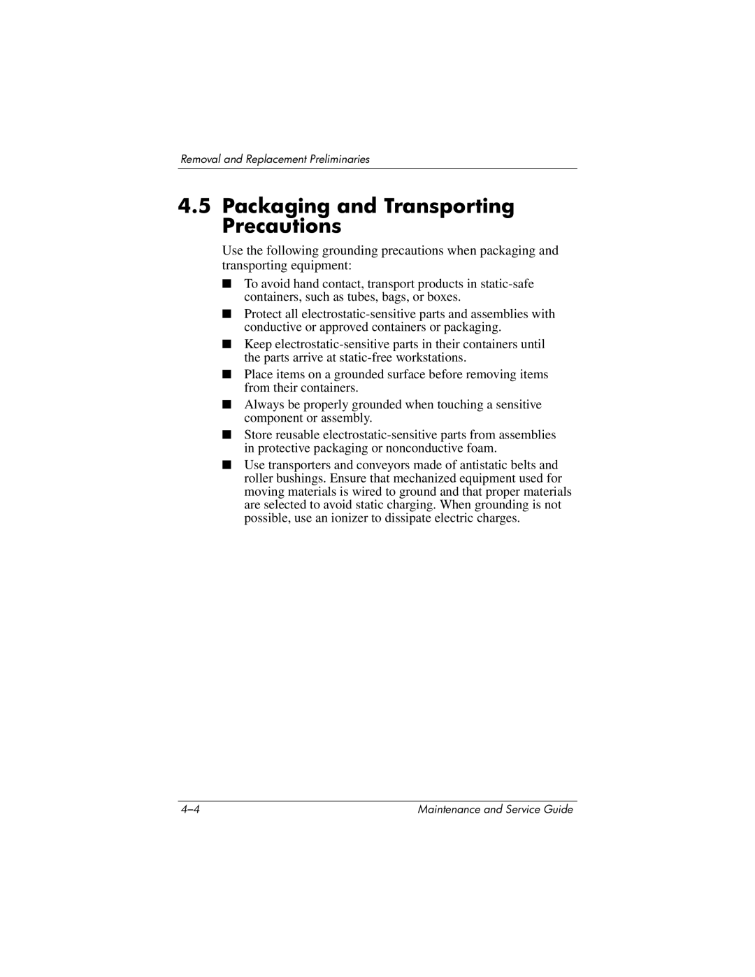 HP DV1000 nx4800 manual Packaging and Transporting Precautions 