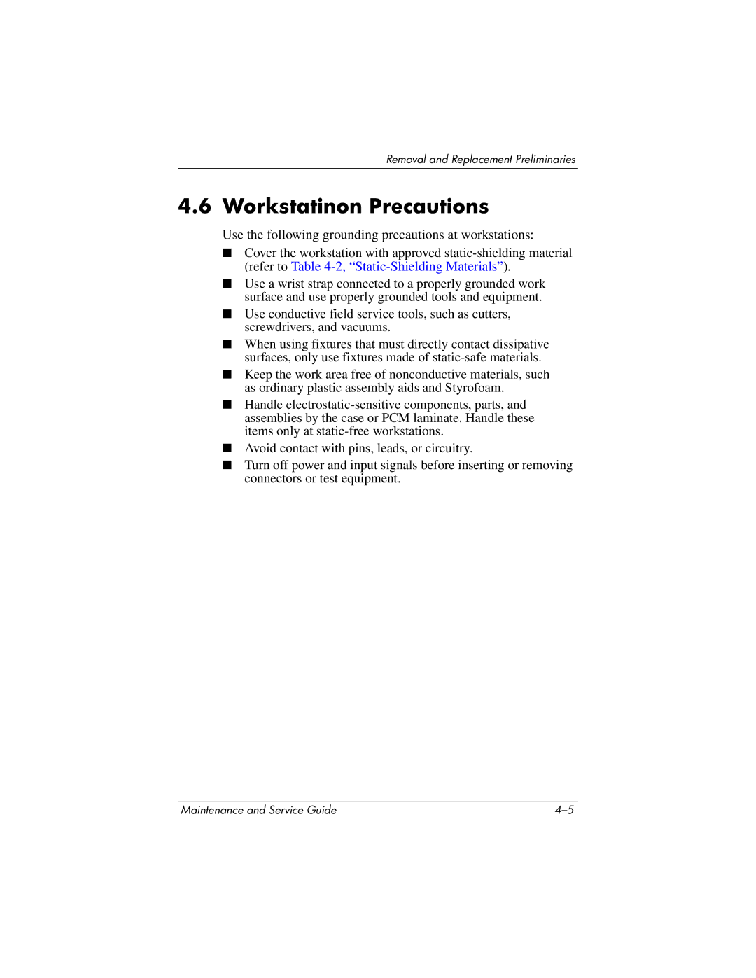 HP DV1000 nx4800 manual Workstatinon Precautions, Use the following grounding precautions at workstations 