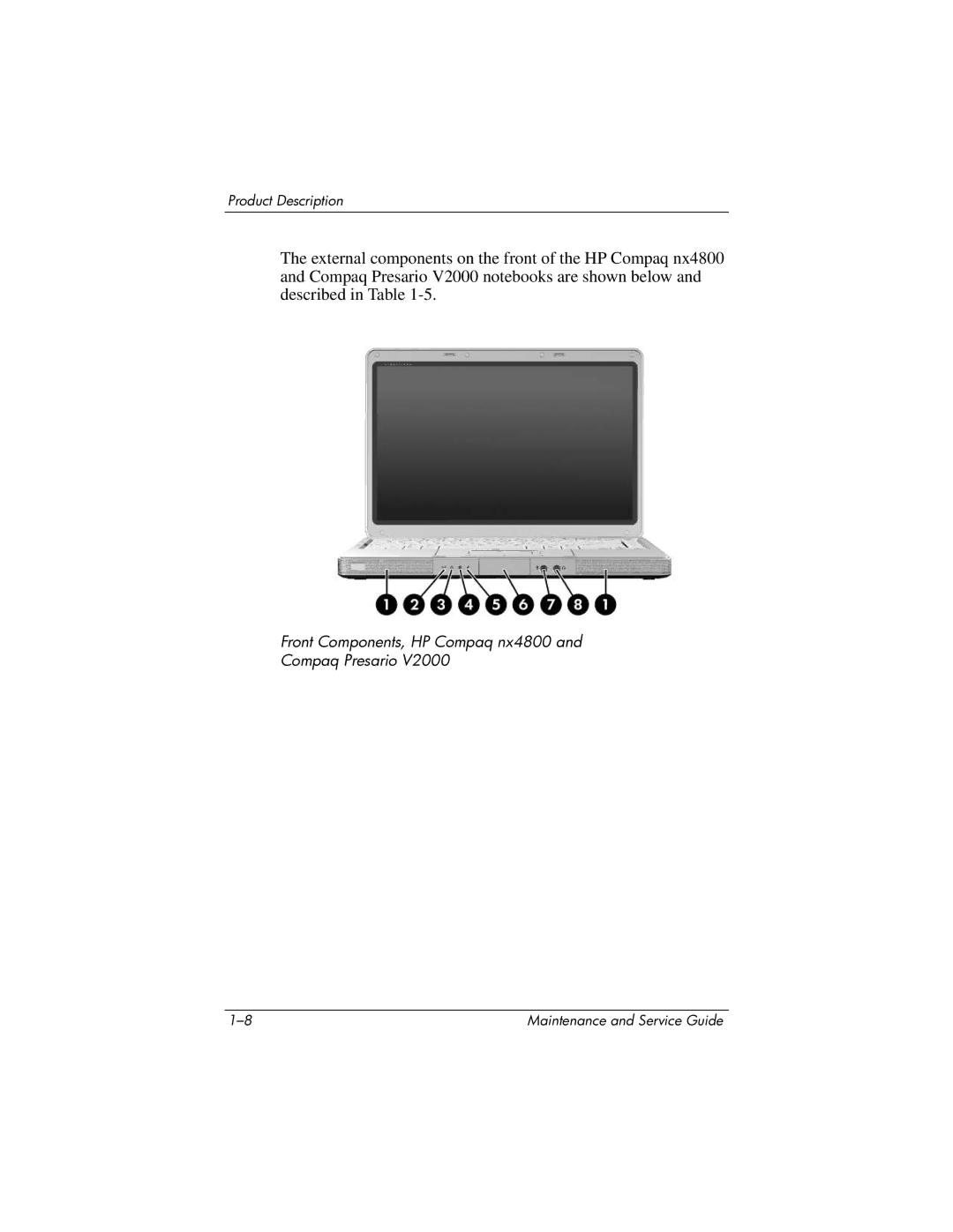 HP DV1000 nx4800 manual Front Components, HP Compaq nx4800 Compaq Presario 