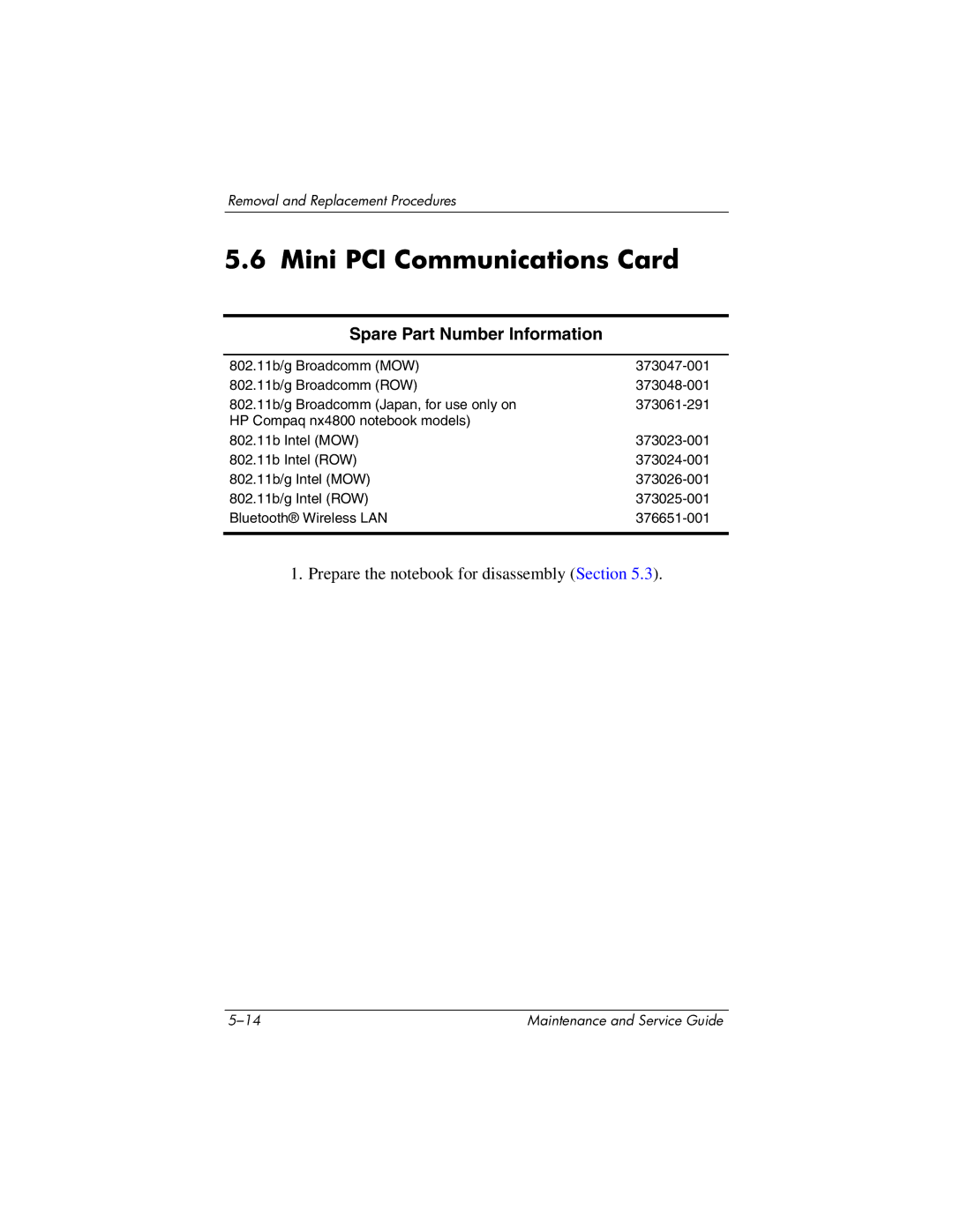 HP DV1000 nx4800 manual Mini PCI Communications Card, Spare Part Number Information 