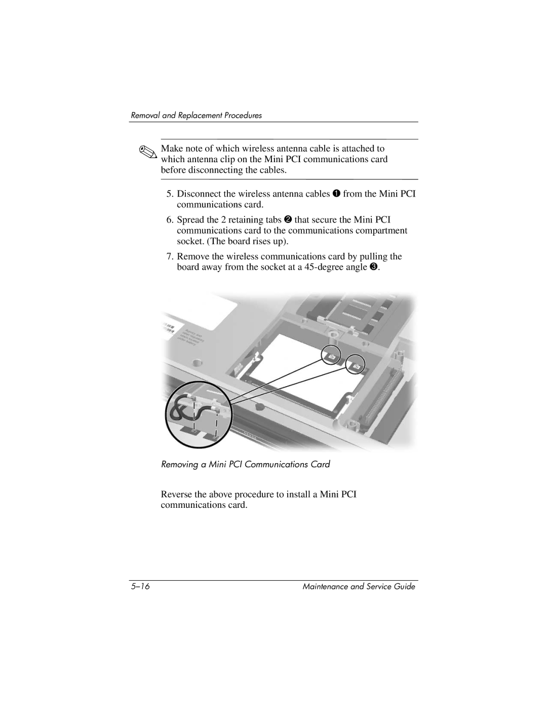 HP DV1000 nx4800 manual Removing a Mini PCI Communications Card 