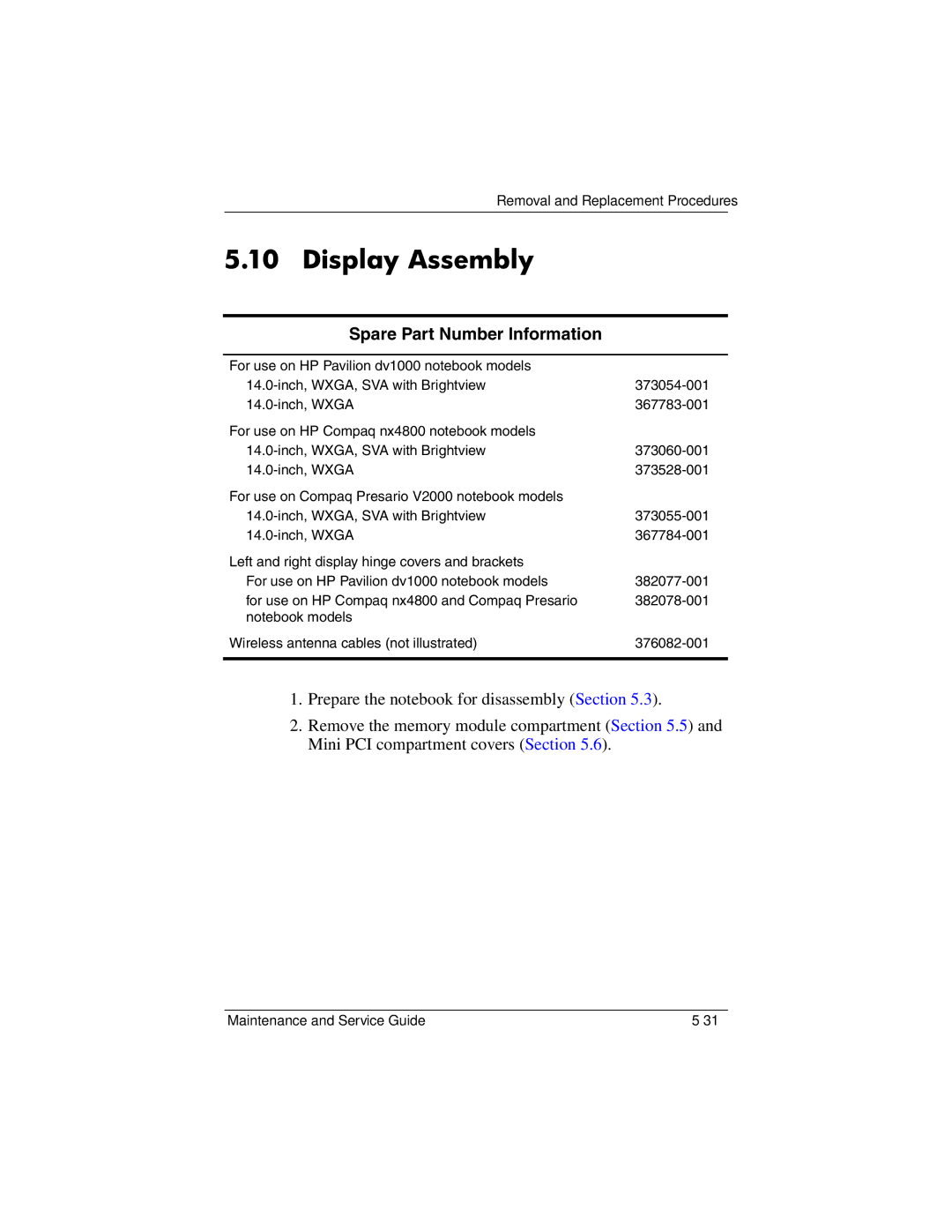 HP DV1000 nx4800 manual Display Assembly, Spare Part Number Information 