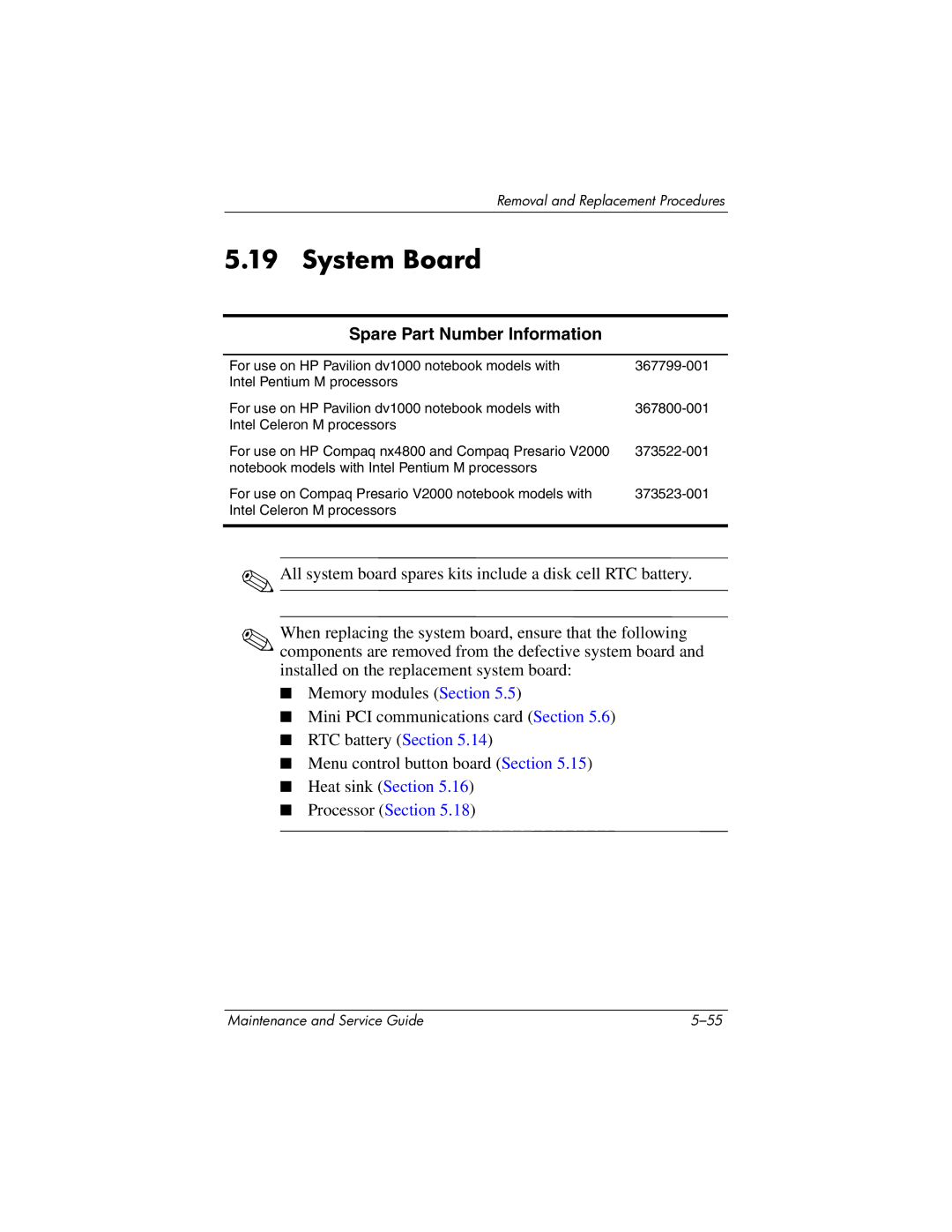 HP DV1000 nx4800 manual System Board 