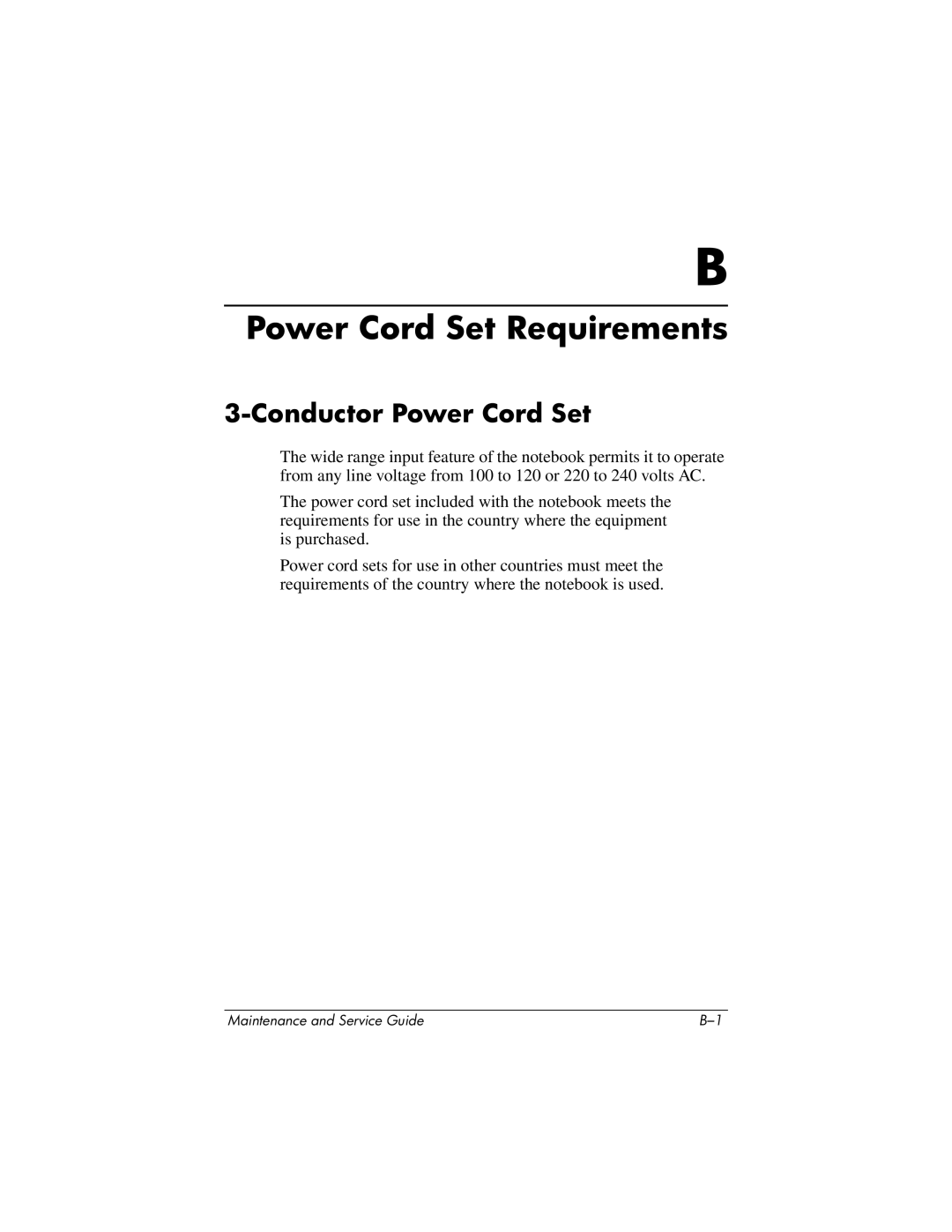 HP DV1000 nx4800 manual Power Cord Set Requirements, Conductor Power Cord Set 