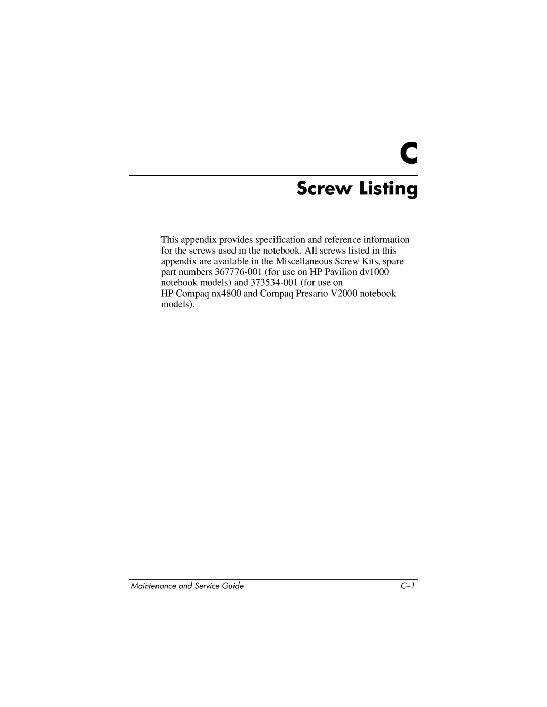 HP DV1000 nx4800 manual Screw Listing 