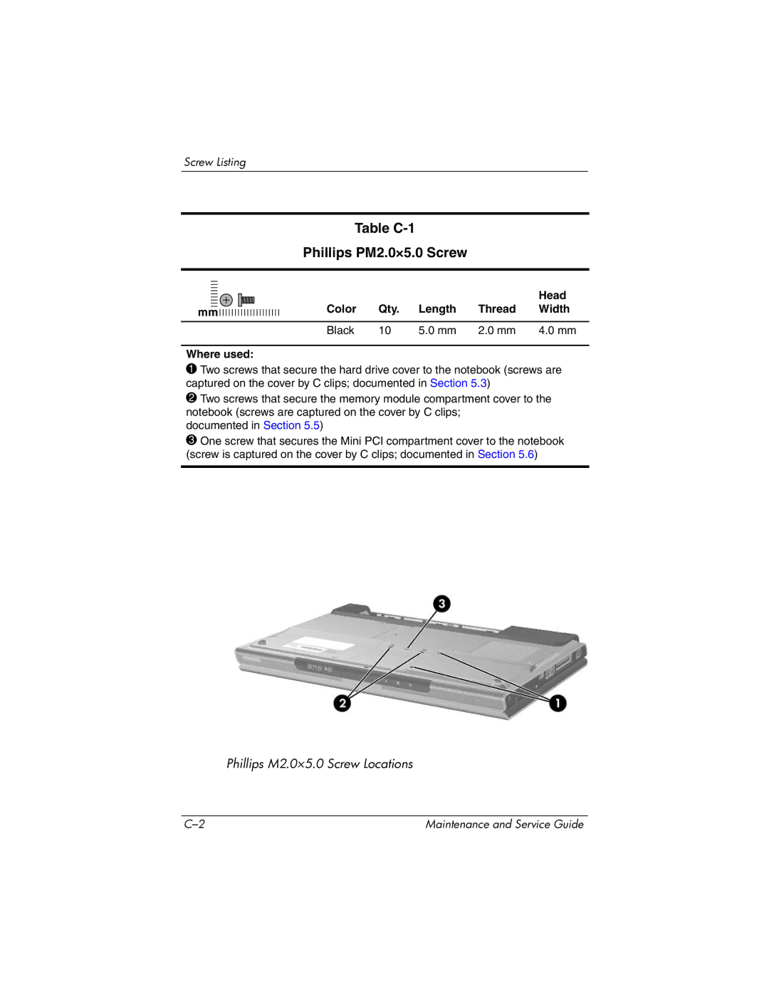 HP DV1000 nx4800 manual Table C-1 Phillips PM2.0×5.0 Screw, Head, Color Qty Length Thread Width Black Where used 