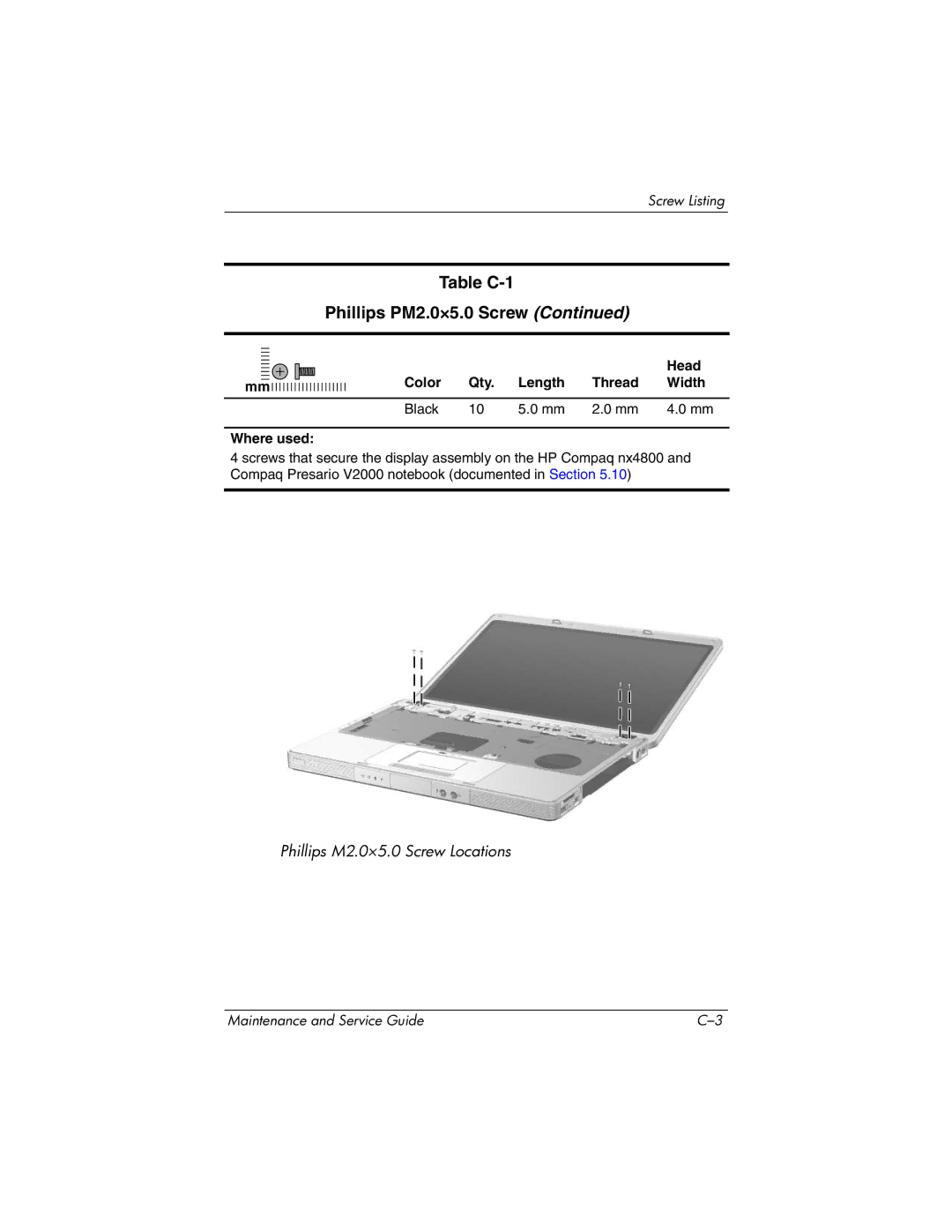 HP DV1000 nx4800 manual Table C-1 Phillips PM2.0×5.0 Screw 