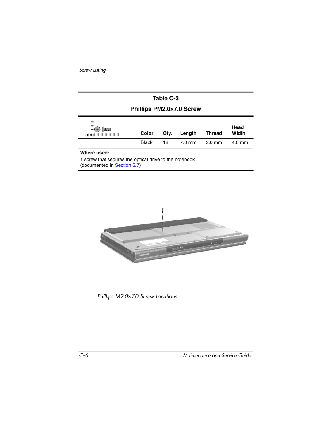 HP DV1000 nx4800 manual Table C-3 Phillips PM2.0×7.0 Screw 