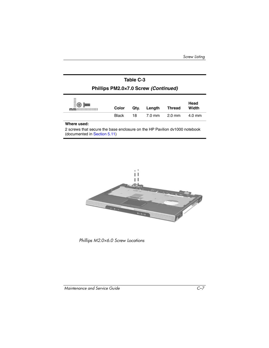 HP DV1000 nx4800 manual Phillips M2.0×6.0 Screw Locations 