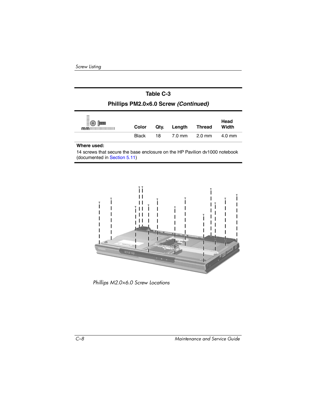 HP DV1000 nx4800 manual Table C-3 Phillips PM2.0×6.0 Screw 