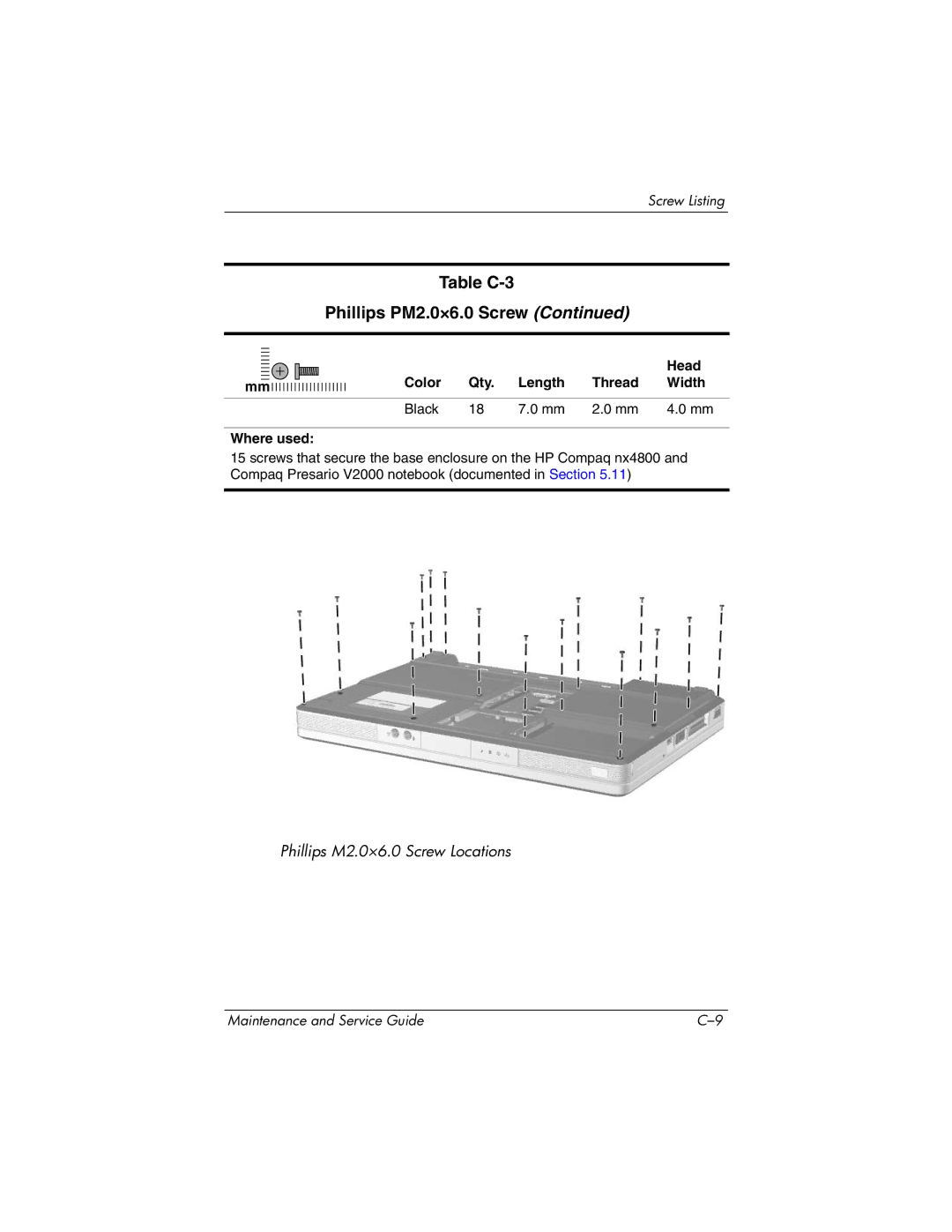 HP DV1000 nx4800 manual Table C-3 Phillips PM2.0×6.0 Screw 