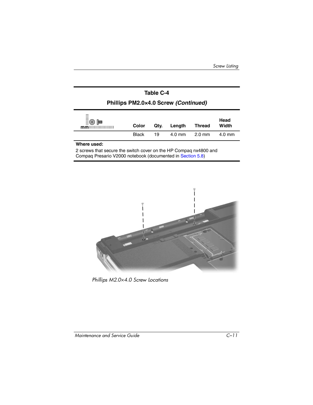 HP DV1000 nx4800 manual Table C-4 Phillips PM2.0×4.0 Screw 