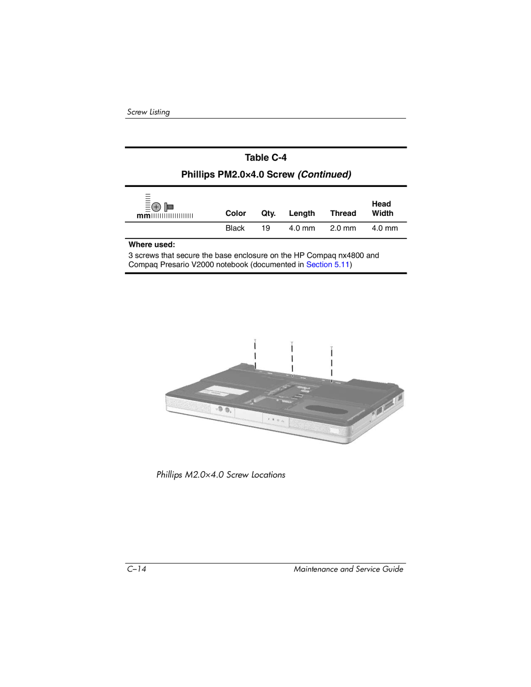 HP DV1000 nx4800 manual Table C-4 Phillips PM2.0×4.0 Screw 