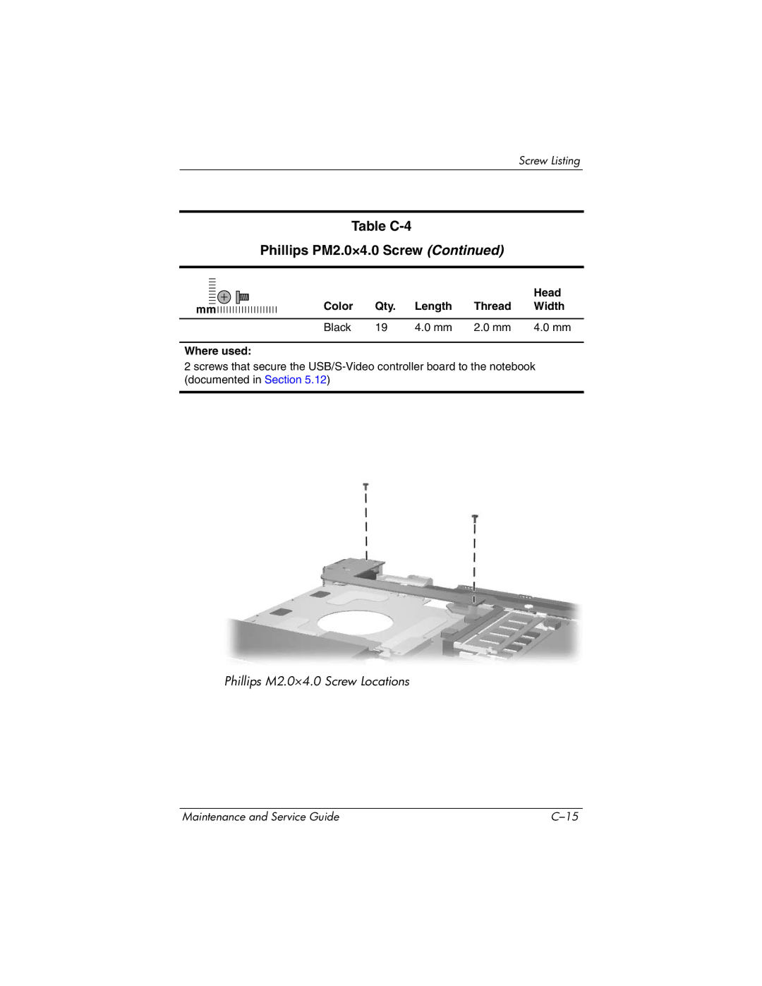 HP DV1000 nx4800 manual Table C-4 Phillips PM2.0×4.0 Screw 