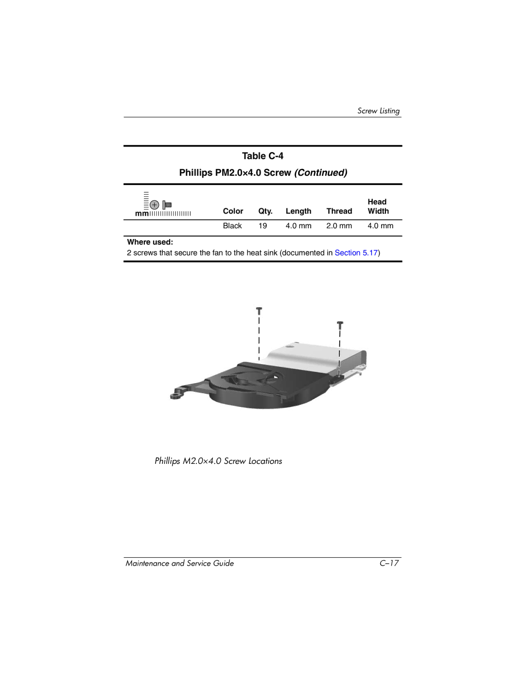 HP DV1000 nx4800 manual Table C-4 Phillips PM2.0×4.0 Screw 