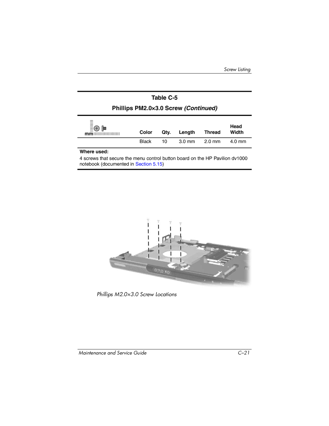 HP DV1000 nx4800 manual Table C-5 Phillips PM2.0×3.0 Screw 