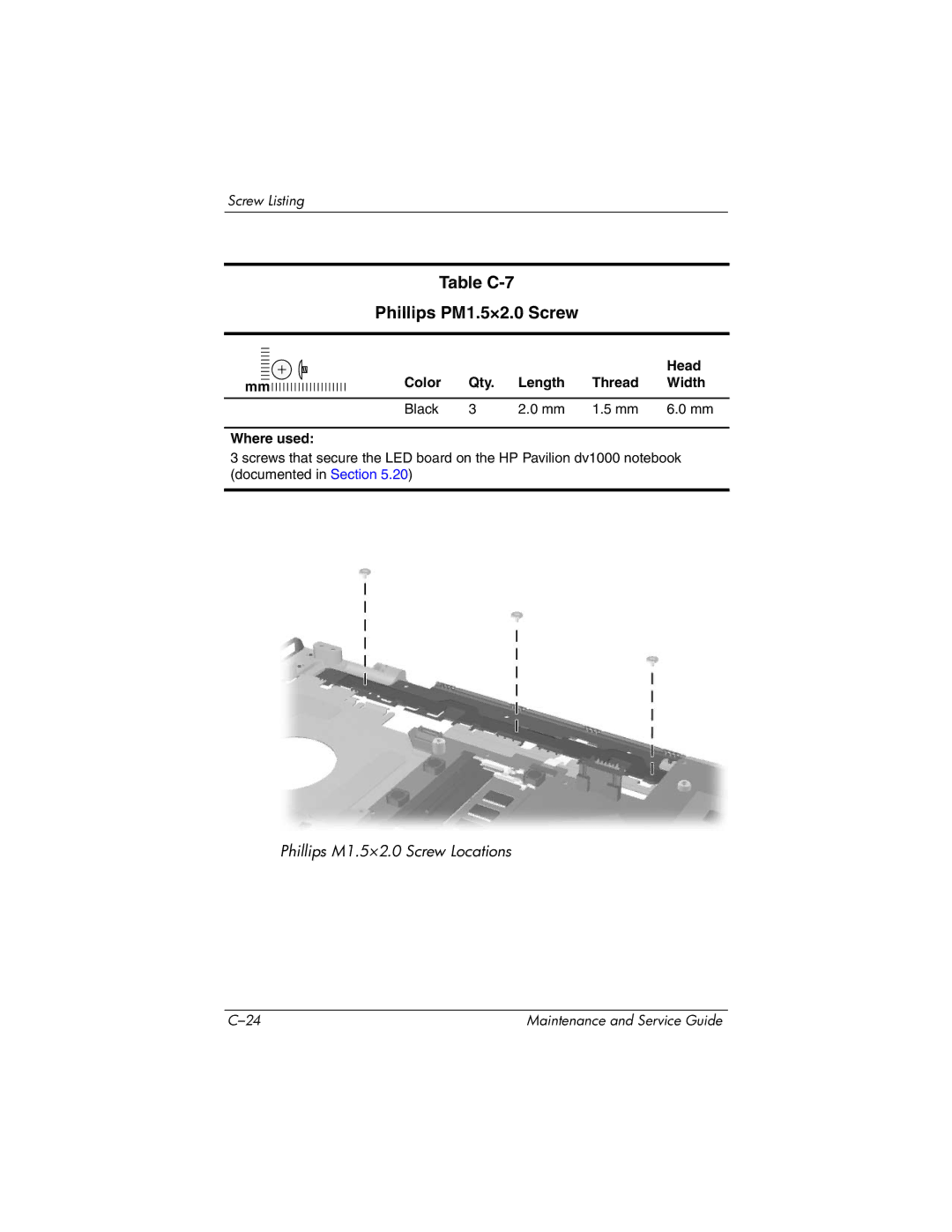 HP DV1000 nx4800 manual Table C-7 Phillips PM1.5×2.0 Screw 