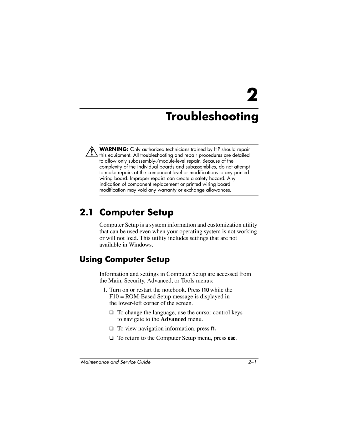 HP DV1000 nx4800 manual Troubleshooting, Computer Setup 