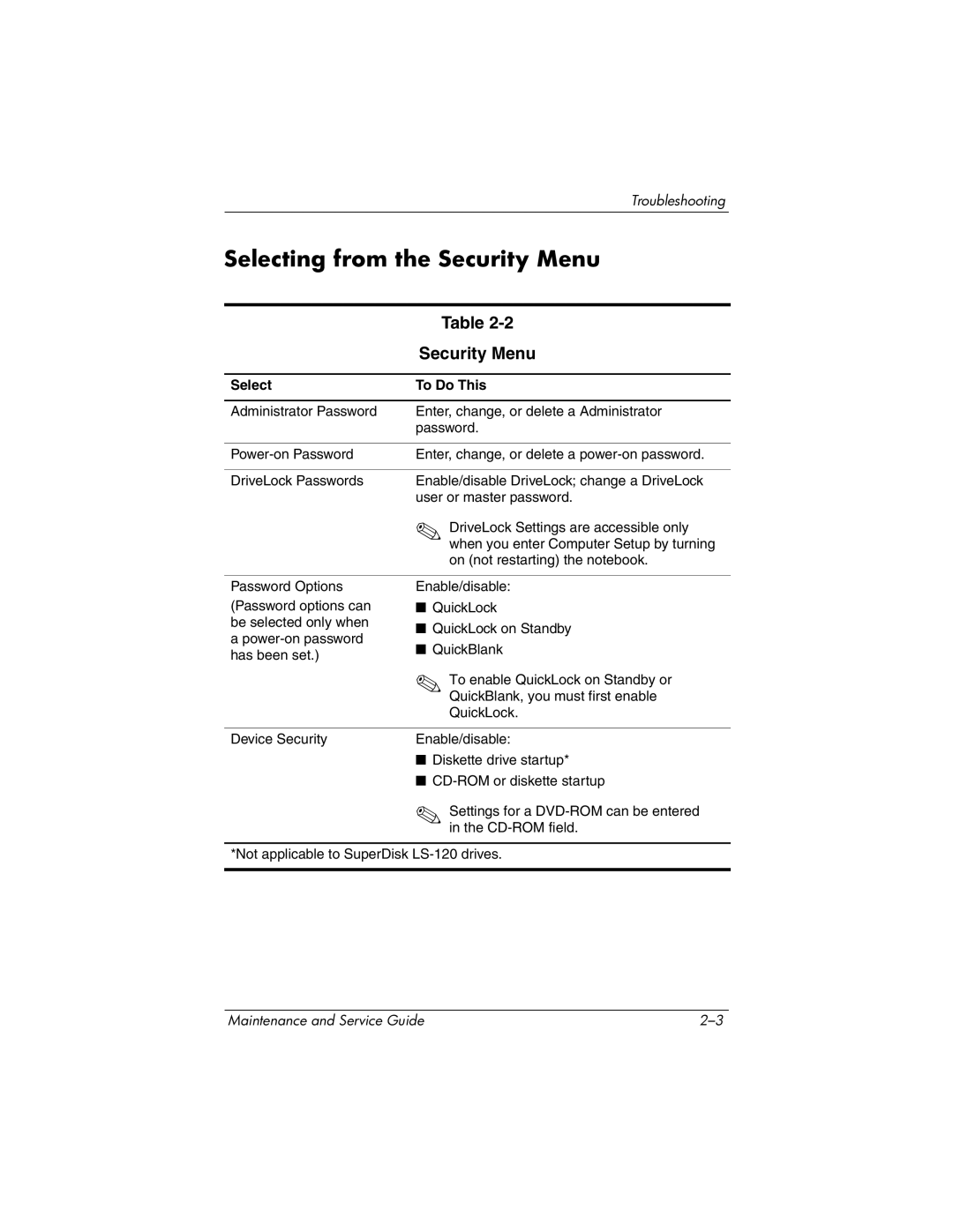 HP DV1000 nx4800 manual Selecting from the Security Menu 