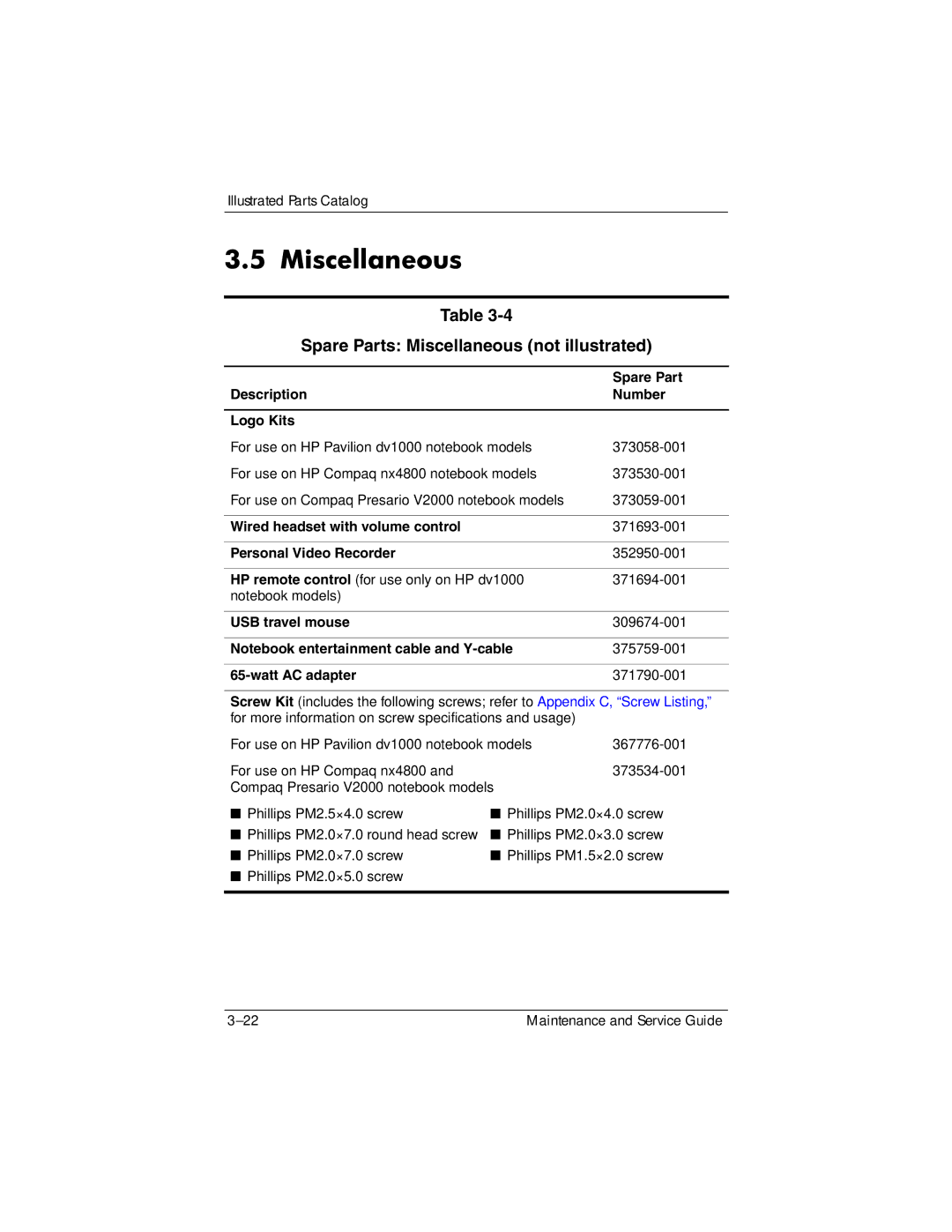 HP DV1000 nx4800 manual Spare Parts Miscellaneous not illustrated 