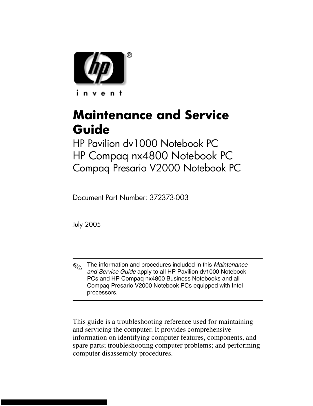 HP DV1270 manual Maintenance and Service Guide 