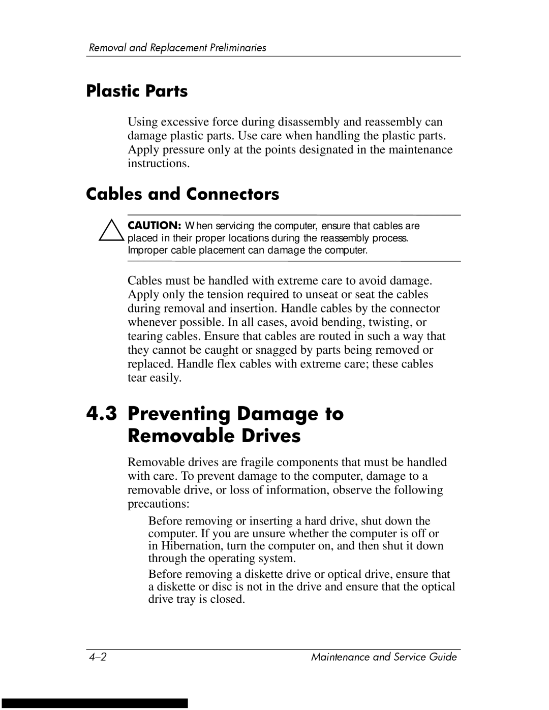 HP DV1270 manual Preventing Damage to Removable Drives, Plastic Parts 