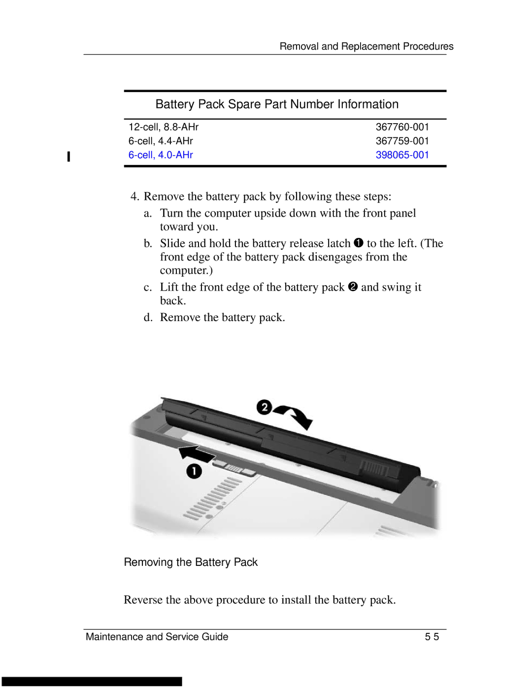 HP DV1270 manual Battery Pack Spare Part Number Information 