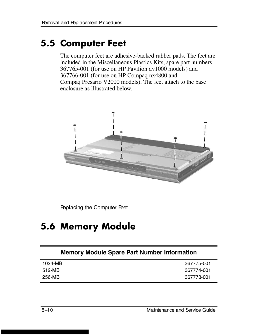 HP DV1270 manual Computer Feet, Memory Module Spare Part Number Information 