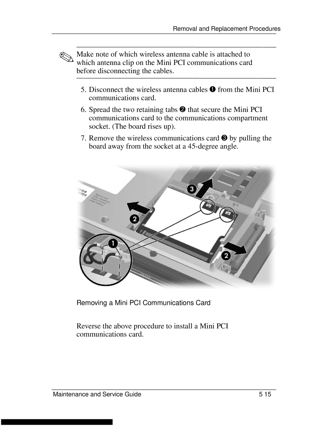 HP DV1270 manual Removing a Mini PCI Communications Card 