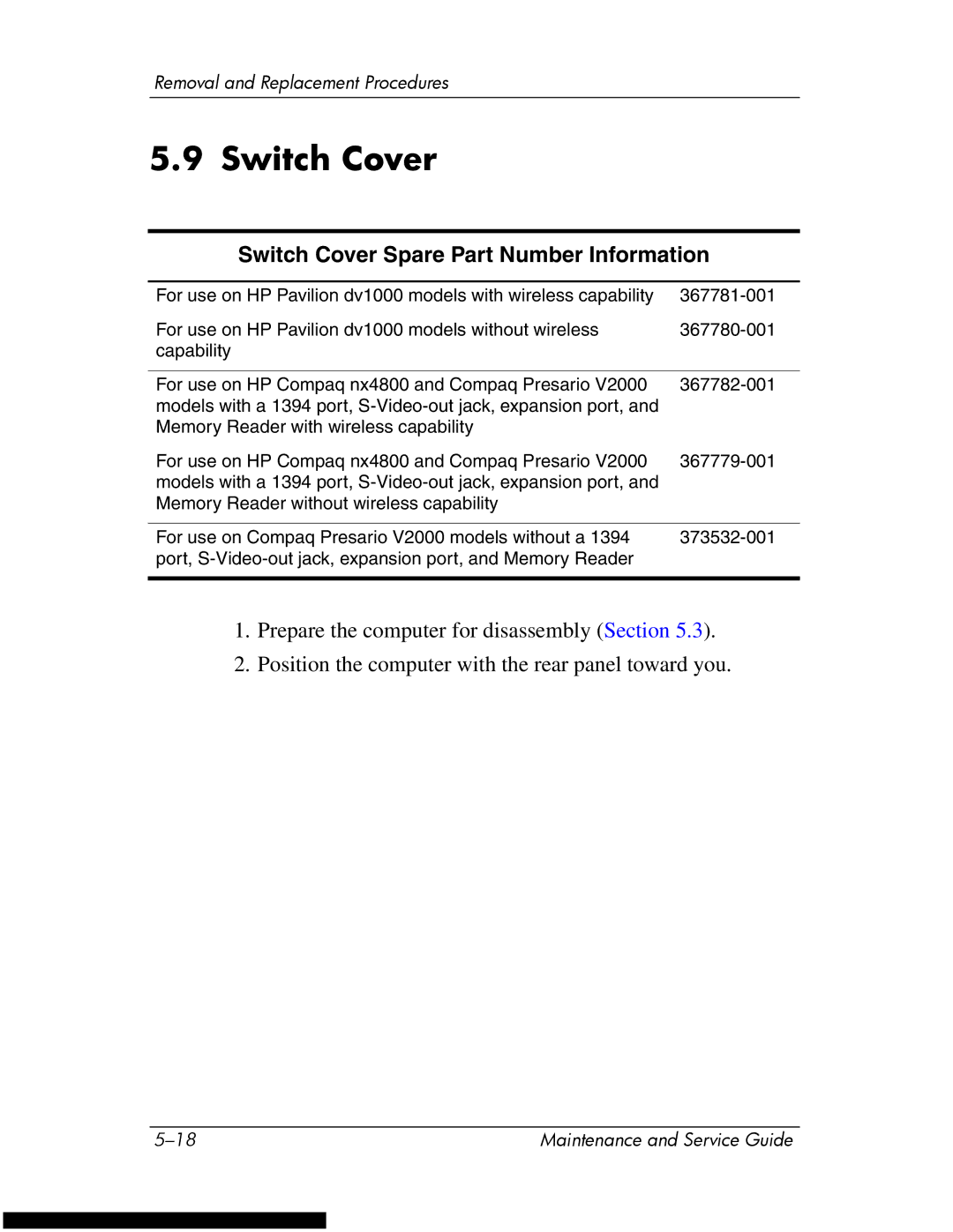 HP DV1270 manual Switch Cover Spare Part Number Information 