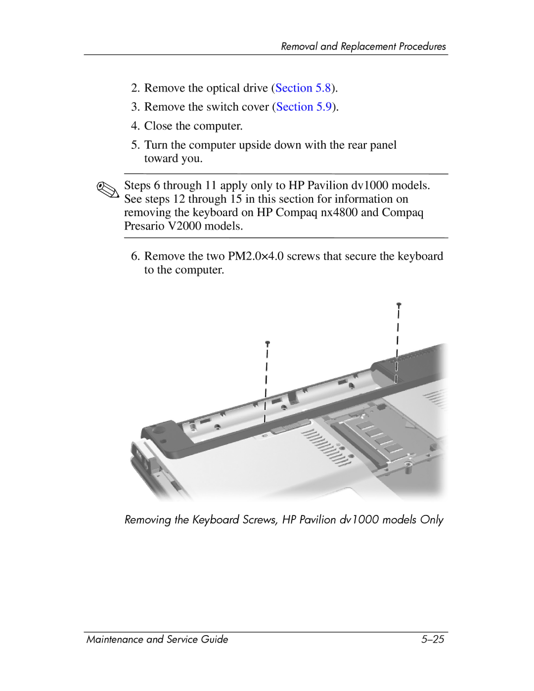 HP DV1270 manual Removing the Keyboard Screws, HP Pavilion dv1000 models Only 