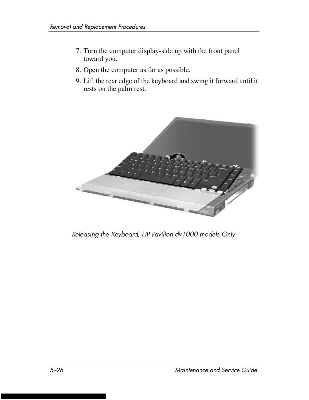 HP DV1270 manual Releasing the Keyboard, HP Pavilion dv1000 models Only 