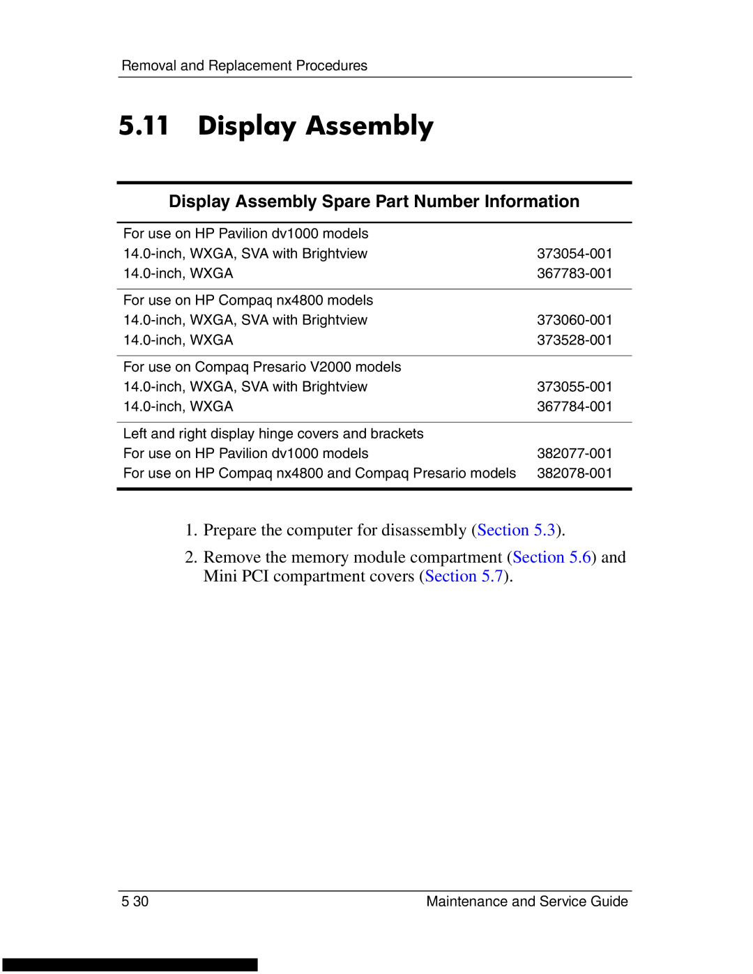 HP DV1270 manual Display Assembly Spare Part Number Information 