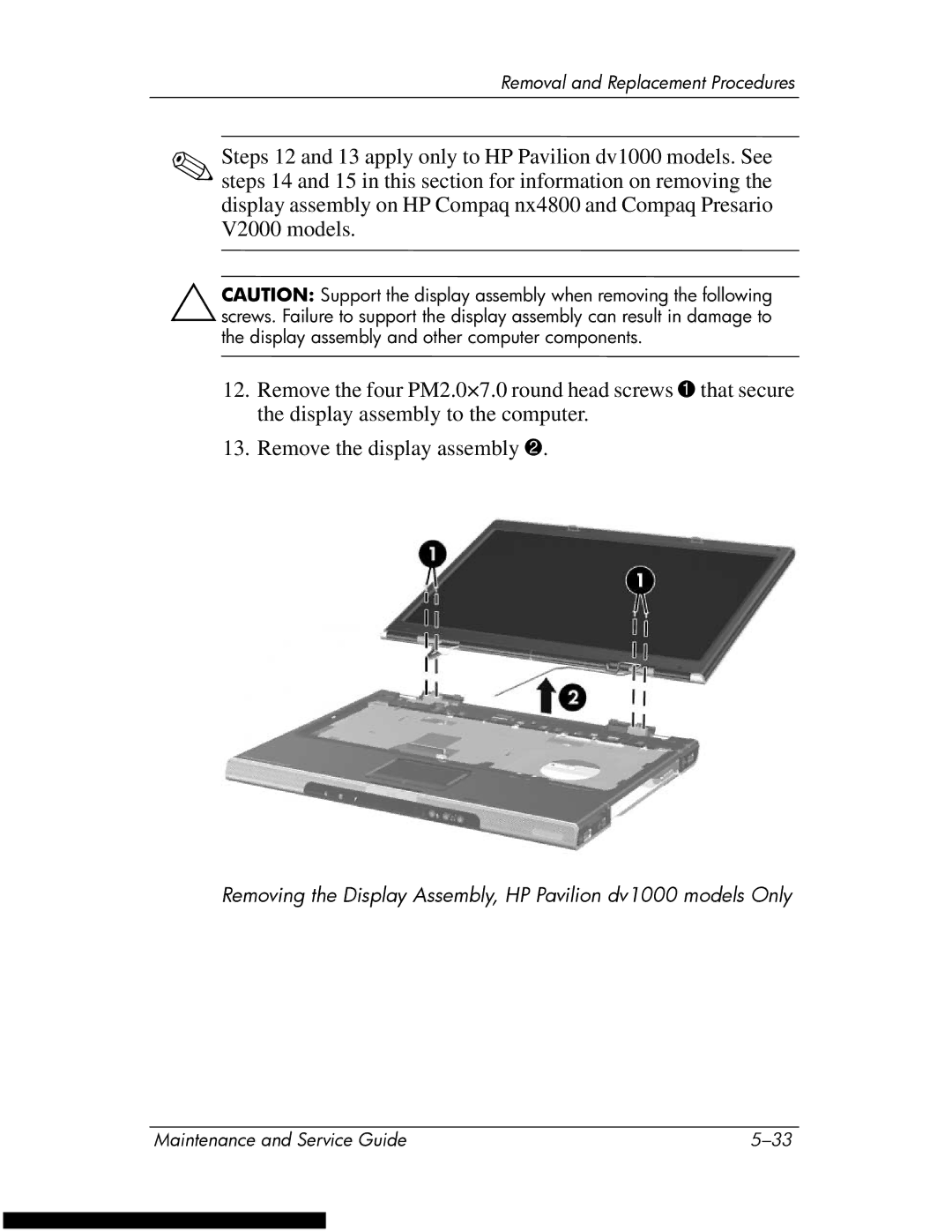 HP DV1270 manual Removal and Replacement Procedures 